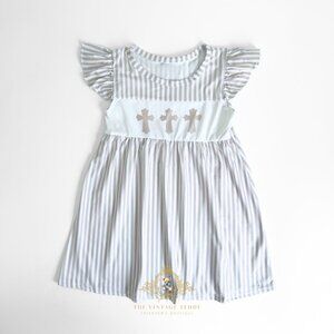 NWT Pretty Girls Short Sleeve Dress Christian Cross & Stripes Taupe & White 5-6Y